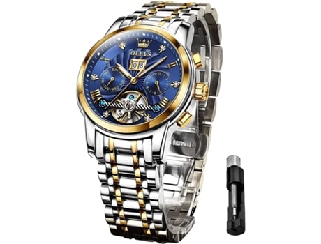 VEANXIN Reloj de Diamantes Impermeable Luminoso de Negocios Hueco mecánico automático para Hombres(Azul y dorado)