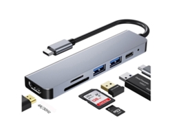 Adaptador Hub USB-C para DC 6 em 1, compatível com laptops e outros dispositivos, suporta HDMI 4K, USB 3.0, USB 2.0 e leitor de DVD.