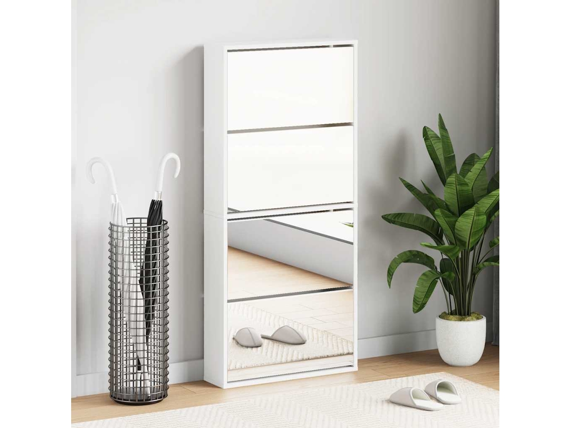 Mueble Zapatero | Armario Zapatero 4 Compartimentos Espejo Blanco 63x17x134 Cm