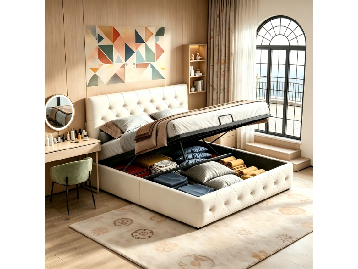 Cama Doble Tapizada De 140 X 200 Cm, Cama Doble Con Canapé Hidráulico, Estructura De Cama Con Cabecero, Cama Acolchada, Para Adultos Y Adolescentes