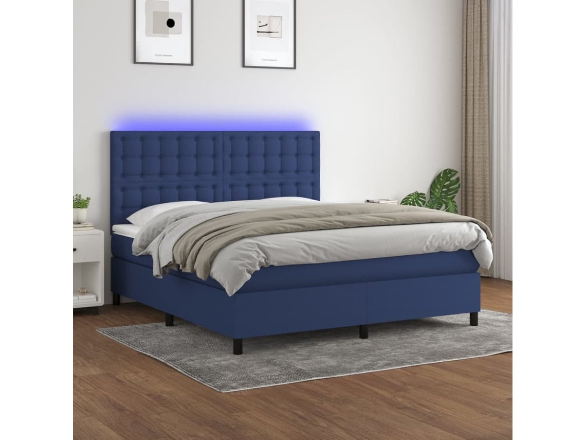 Cama Box Spring Colchón Y Luces Led Tela Azul 160x200 Cm