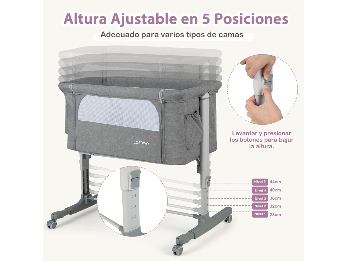 Cuna Infantil, 3 en 1 Cuna de Viaje con Altura Ajustable en 5 Niveles, Inclinación de 10, Cómodo Colchón, Red Transpirable COSTWAY