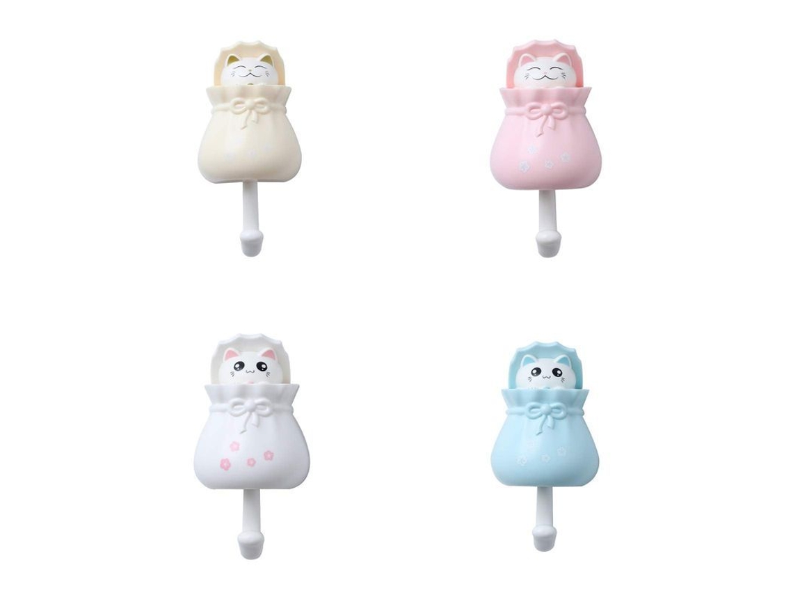 Ganchos Adhesivos Infantiles Con Diseño De Gatito Cartoon, 4 Pack Para Hogar Y Oficina