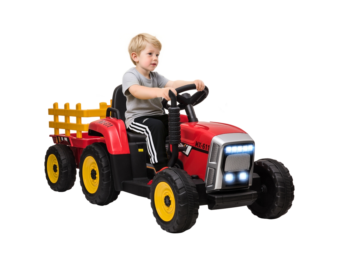 Tractor Eléctrico Infantil Con Remolque, Para Niños De 3 A 6 Años, Con Control Remoto Y Correa Roja.