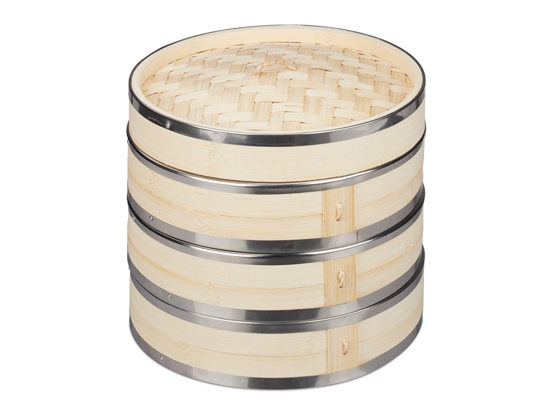 Relaxdays Vaporera Bambú, 3 Pisos, Anillos De Metal, Cesta Para Arroz O Verduras, Para Comida Asiática, Ø 24 Cm, Natural