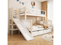 Cama Casa 140x200cm y 90x200cm con Escalera, Armarios, Tobogán y Pizarra, Muebles Blancos y Naturales
