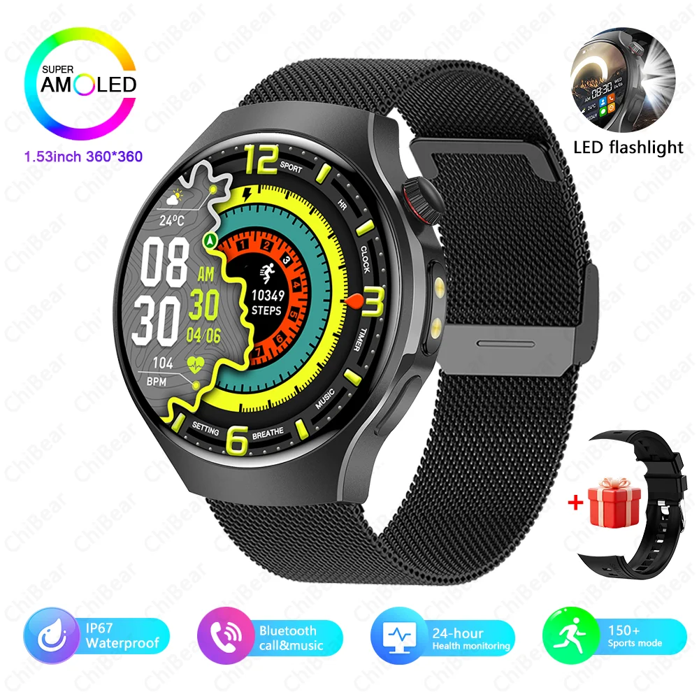 Reloj inteligente con GPS, resistente al agua, funciones deportivas y de fitness, linterna y llamadas Bluetooth. MDUG (Correa de malla negra).