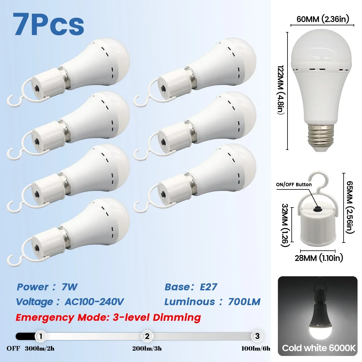 Bombillas Led Recargables (paquete De 7, 7w), E27, 1500mah, Para Uso De Emergencia, Adecuadas Para Cortes De Energía Y Acampada Al Aire Libre.