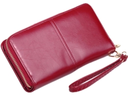 Elegante Cartera De Piel Sintética Para Mujer, Gran Capacidad, Color Rojo, Con Cierre De Cremallera.