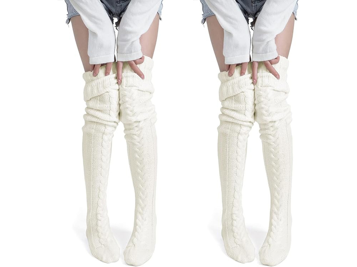 2 Pares De Calcetines Por Encima De La Rodilla, Calcetines De Punto Cálidos Hasta La Rodilla, Medias De Invierno Cómodas (blanco) Cuich