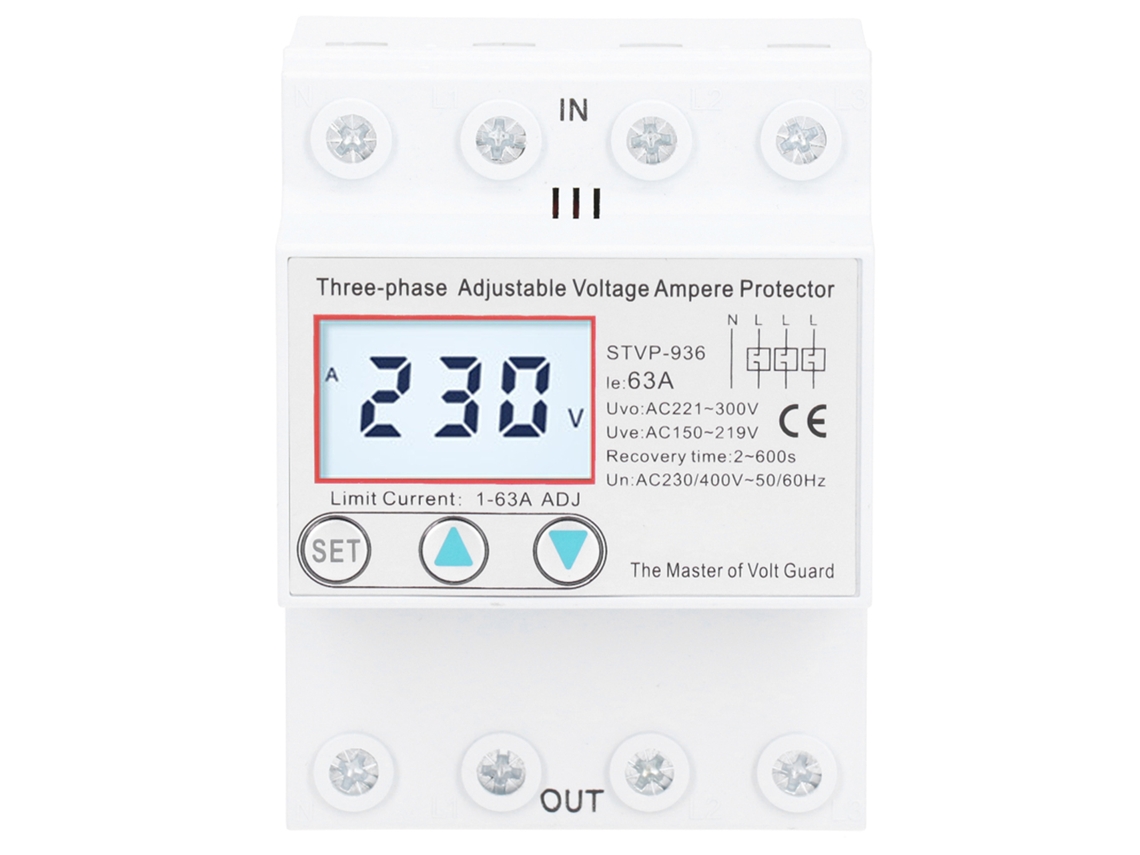 Protector De Voltaje Ajustable Trifásico Lcd Autoreiniciable Multifuncional Stvp936 63a 230v 400v Ac