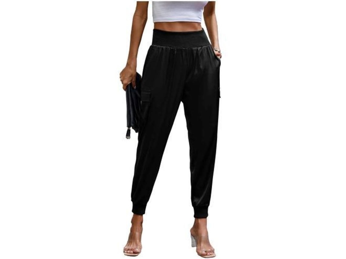 2026-24203-pantalones Jogger De Satin Para Mujer Alto Talle Con Bolsillos Casuales Largos Cómodos Xl Negro
