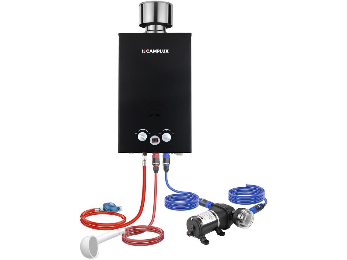 CAMPLUX Calentador de Agua de Gas con Bomba de Agua y Filtro, 10 Litros, GLP, 50mbar, 20kW, BW264BCP120-DE
