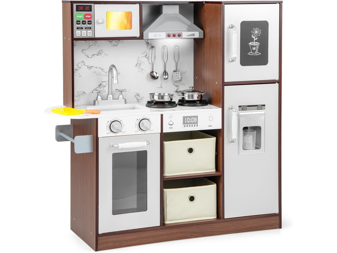 Juego de Cocina Juguete para Niños, Cocinita Infantil de Juguete con Luces y Sonidos Atractivos, Campana Extractora y Microondas COSTWAY