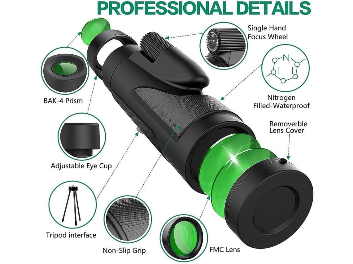 Telescópio Monocular 12x50 Luneta Monocular De Alta Potência De Visão Noturna Hd Prisma Bak4 Para Observação De Pássaros Caça Caminhada Saisiyiky