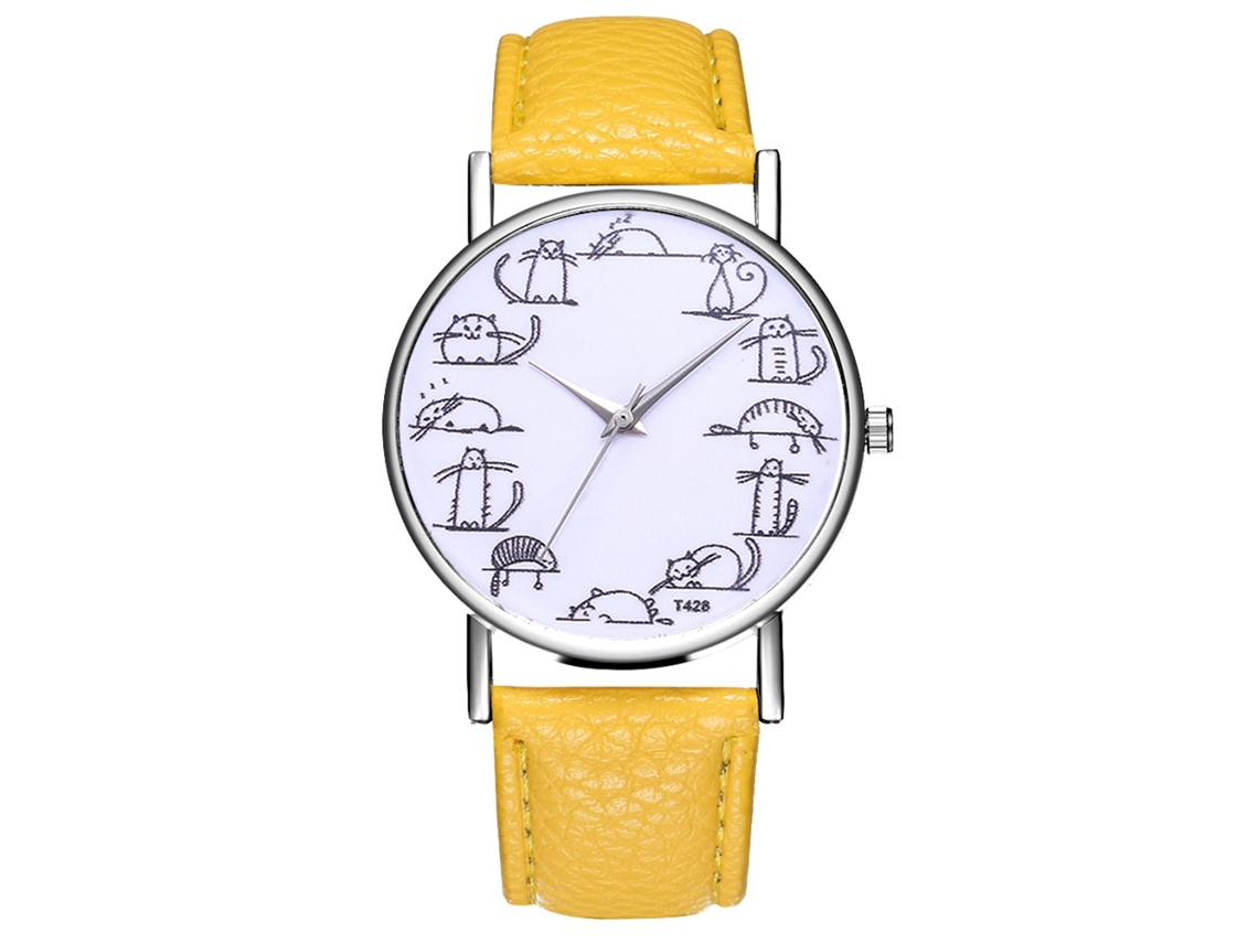 Reloj De Pulsera De Moda Para Mujer Con Correa De Piel Con Estampado Animal Y Movimiento De Cuarzo Amarillo.