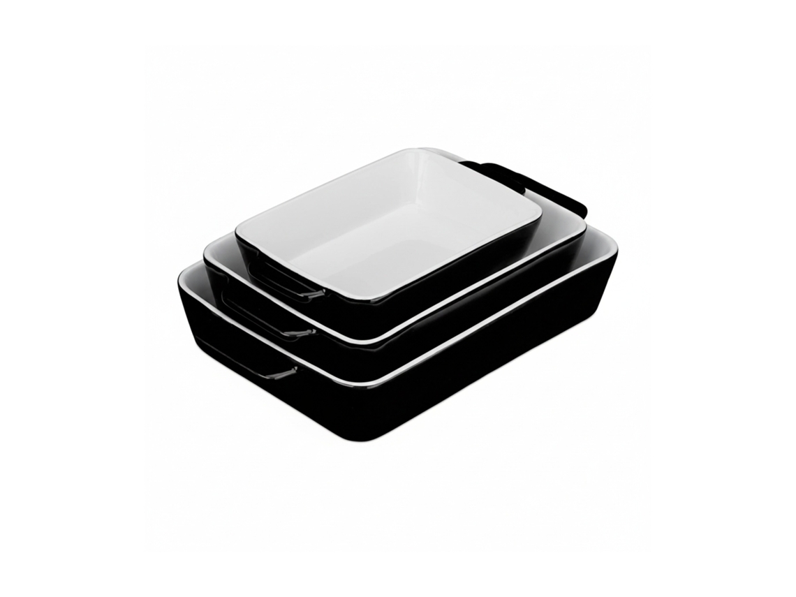 Relaxdays Pack De 3 Fuentes Horno, 3 Tamaños, Rectangular, Cerámica, Apto Lavavajillas, Recipiente Lasaña, Negro/blanco