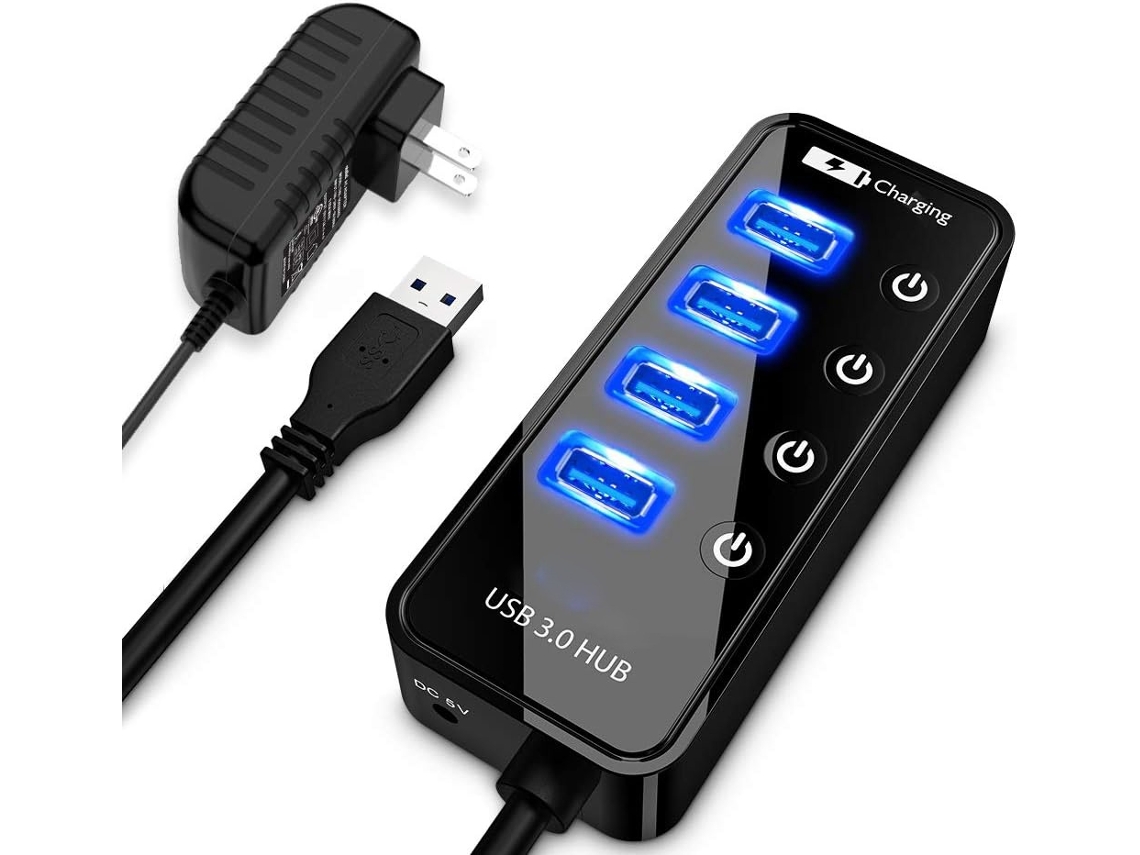 Concentrador Usb 3.0 De 4 Puertos Con 4 Puertos De Datos, 1 Puerto De Carga Inteligente, Interruptores Individuales Y Adaptador De 5 V/3 A (