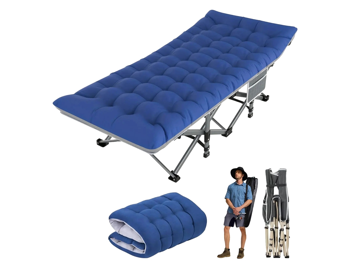 Cama plegable para acampar, estructura de acero resistente, diseño portátil y elevado, azul con gris, 190 x 71 x 37 cm, OEM