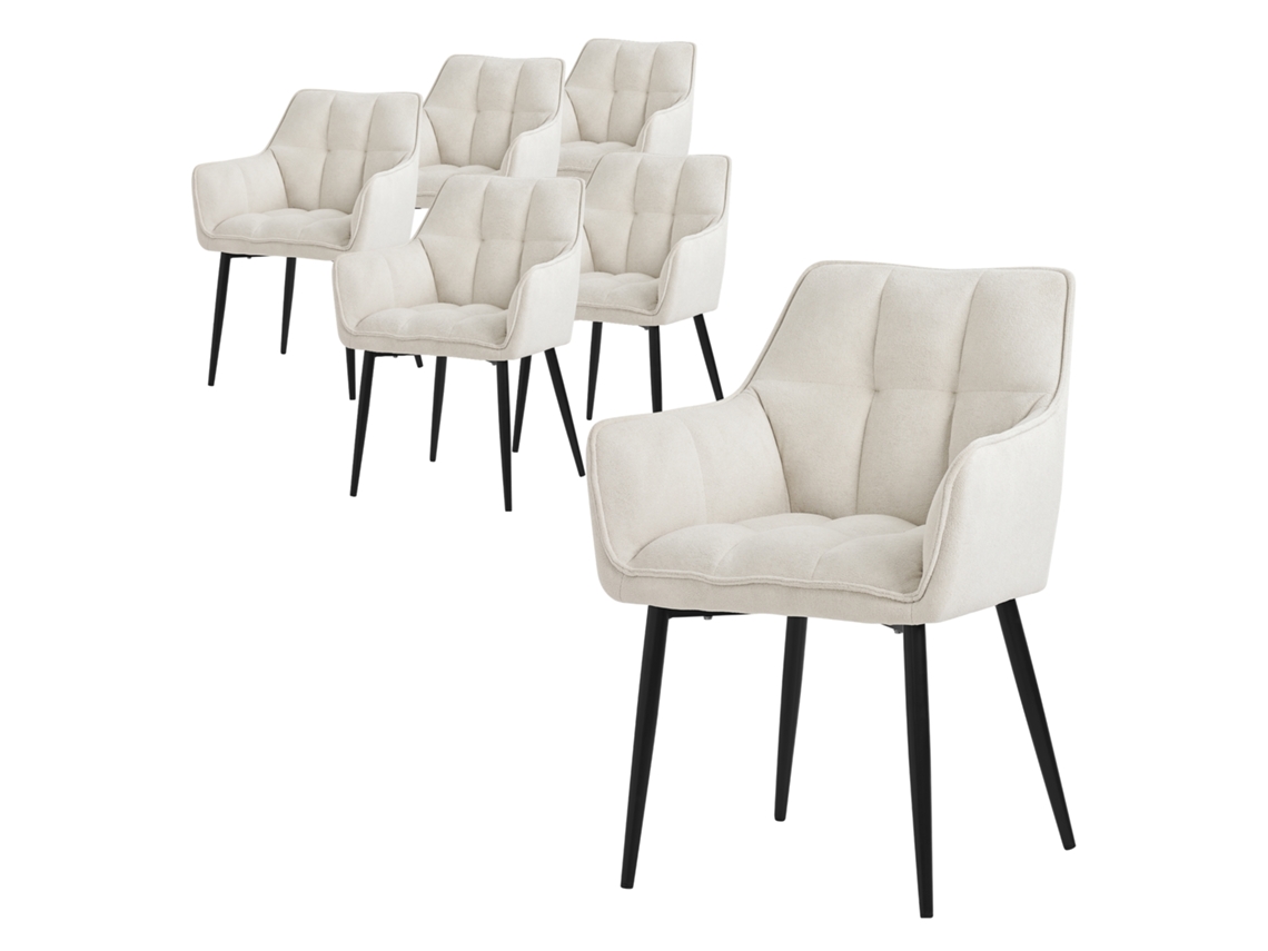 Juego de 6 Sillas de comedor en tejido de rizo, color crema, con asiento grueso tapizado y patas de metal ML-DESIGN