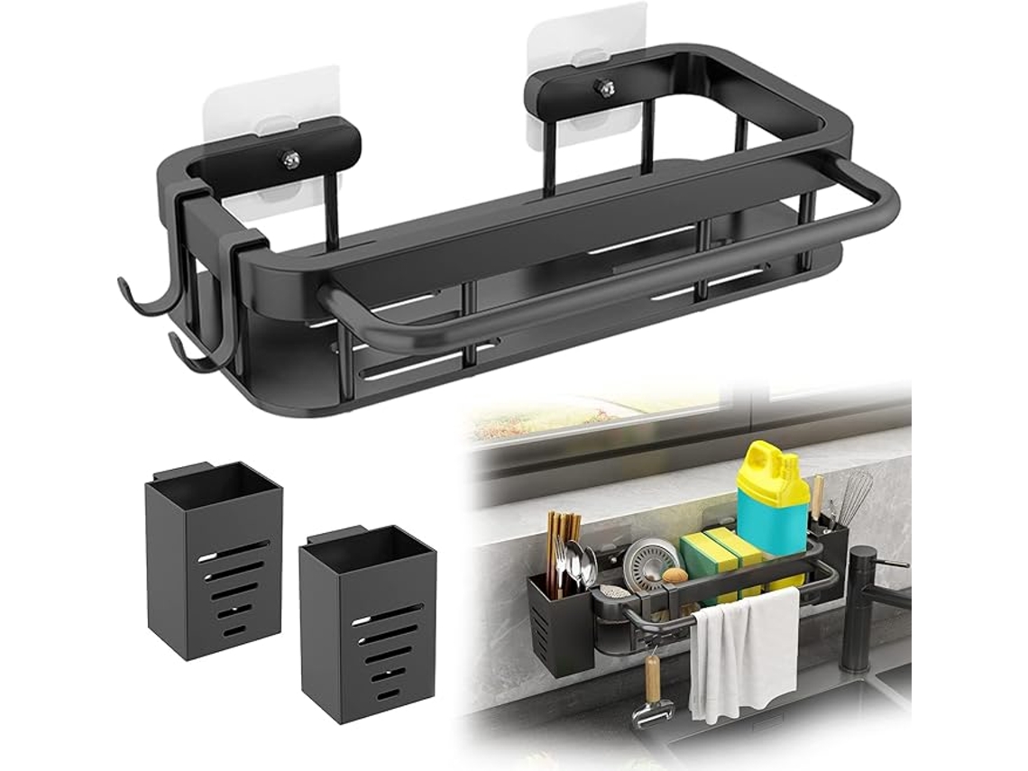 Organizador De Pared Negro Inox Sin Perforación C/ 2 Soportes P/ Palitos E 2 Ganchos