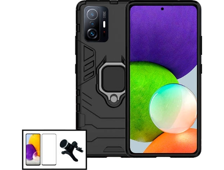 Kit Protector de Cristal Templado 5D Full Cover, Funda 3X1 Military Defender y Soporte Magnético de Coche Reforzado Xiaomi Mi 11T Pro PHONECARE Negro