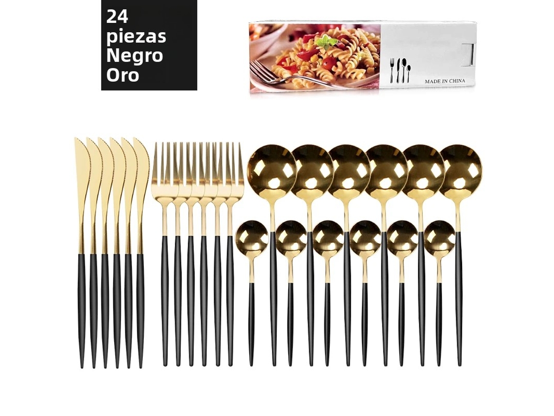 (negro Y Dorado) Juego De Cubiertos De Acero Inoxidable De 24 Piezas, Que Incluye Cuchillo, Cuchara