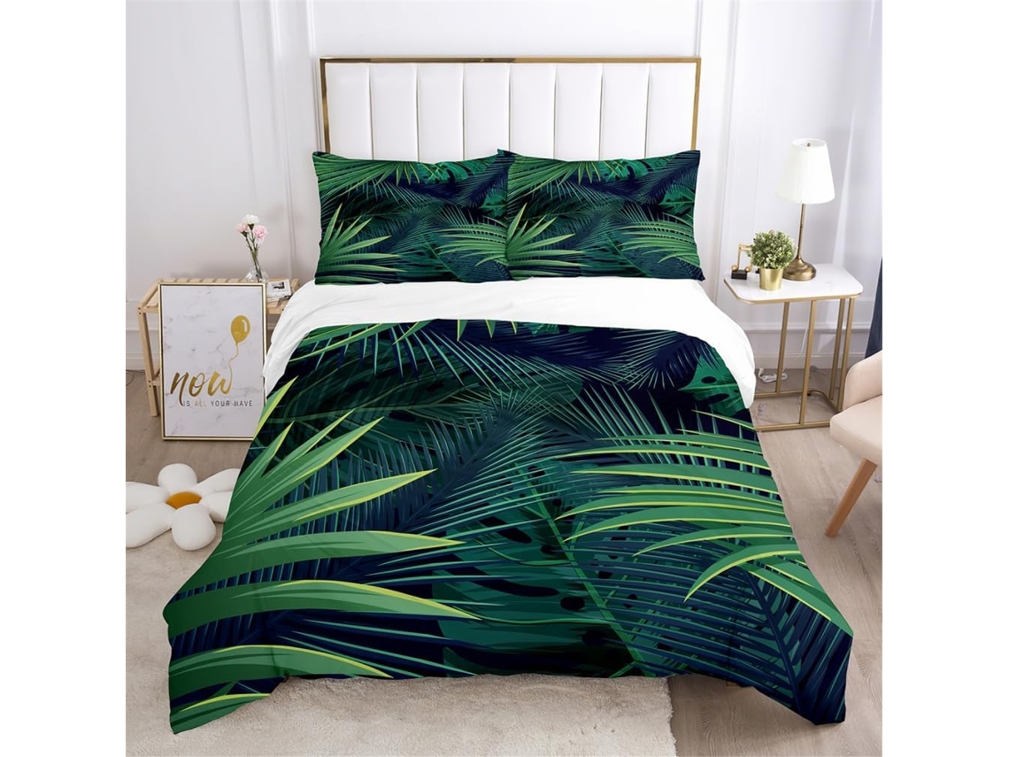 Funda nórdica de microfibra con estampado floral y de hojas y funda de almohada.