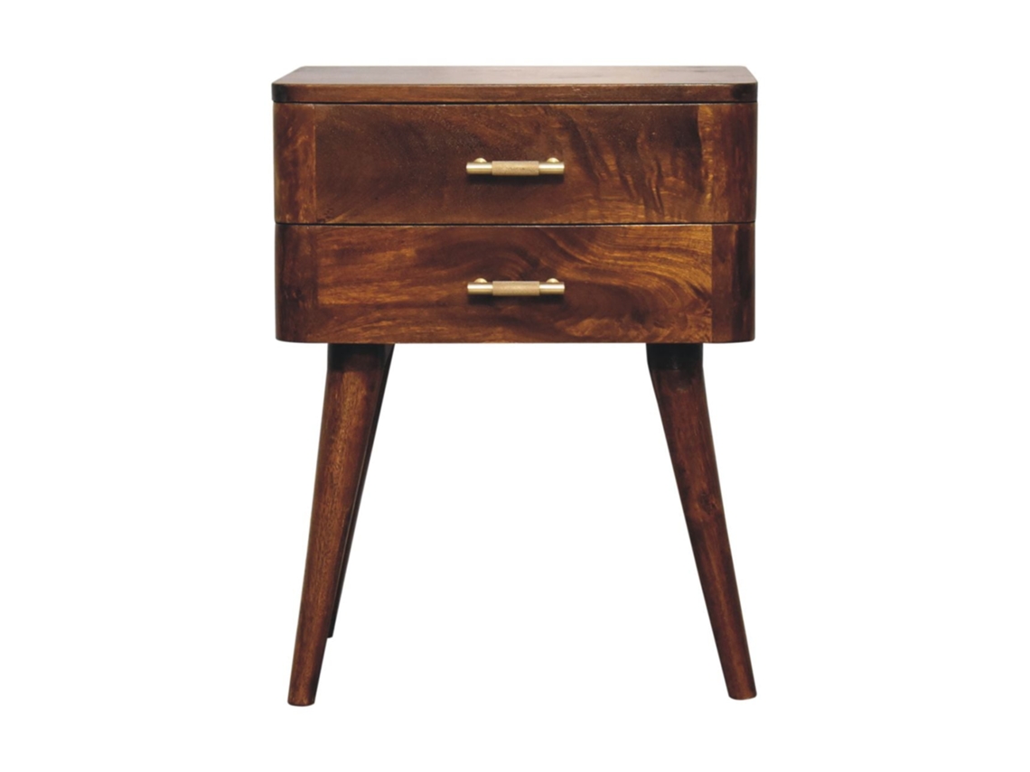 Cómoda de estilo nórdico en madera maciza marrón, 2 cajones, mueble artesanal marrón oscuro.