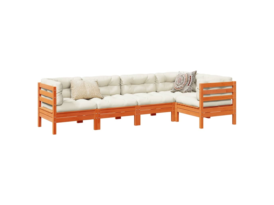 Conjunto 5pcs Sofás Jardim Almofadões Pinho Maciço Castanho Mel Dkd Home Decor