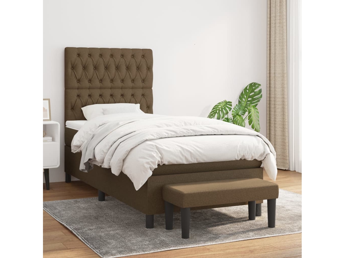 Cama Box Spring Con Colchón Tela Marrón Oscuro 100x200 Cm