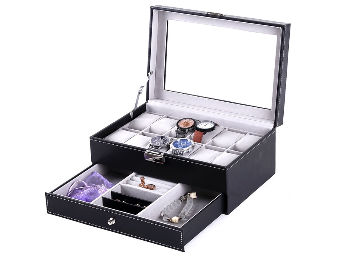 Caja para relojes para hombre y mujer, cajón de 2 niveles para gafas de sol con cierre, organizador de relojes de piel sintética.