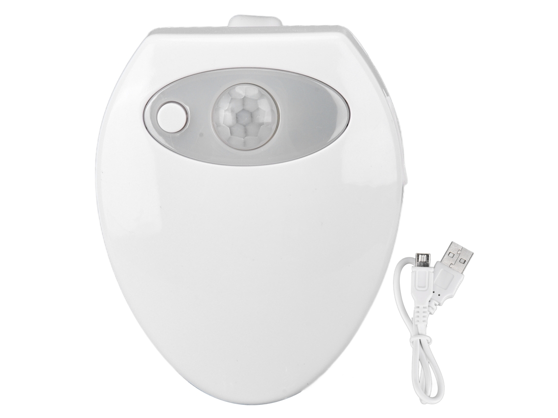Lámpara inteligente para inodoro modelo 2026 con sensor de movimiento y descarga automática, textura cerámica y doble LED.