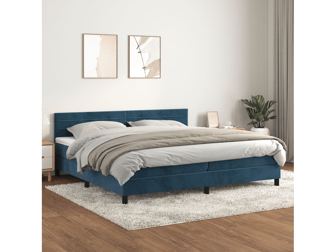 Cama Box Spring Con Colchón Terciopelo Azul Oscuro 200x200 Cm