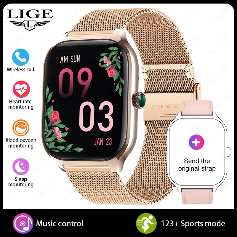 Reloj inteligente (oro rosa, correa de malla), 2,01 pulgadas, resistente al agua para deportes al aire libre, llamadas Bluetooth.