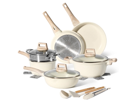 Batería de Cocina Inducción JUST PERFECTO Sin ptfe y pfoa 14 piezas Crema con Tapa Antiadherente