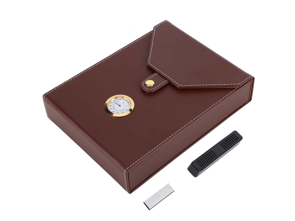 Caixa de Cigarros de Couro e Cedro Portátil com Higrômetro e Umidificador (marrom)