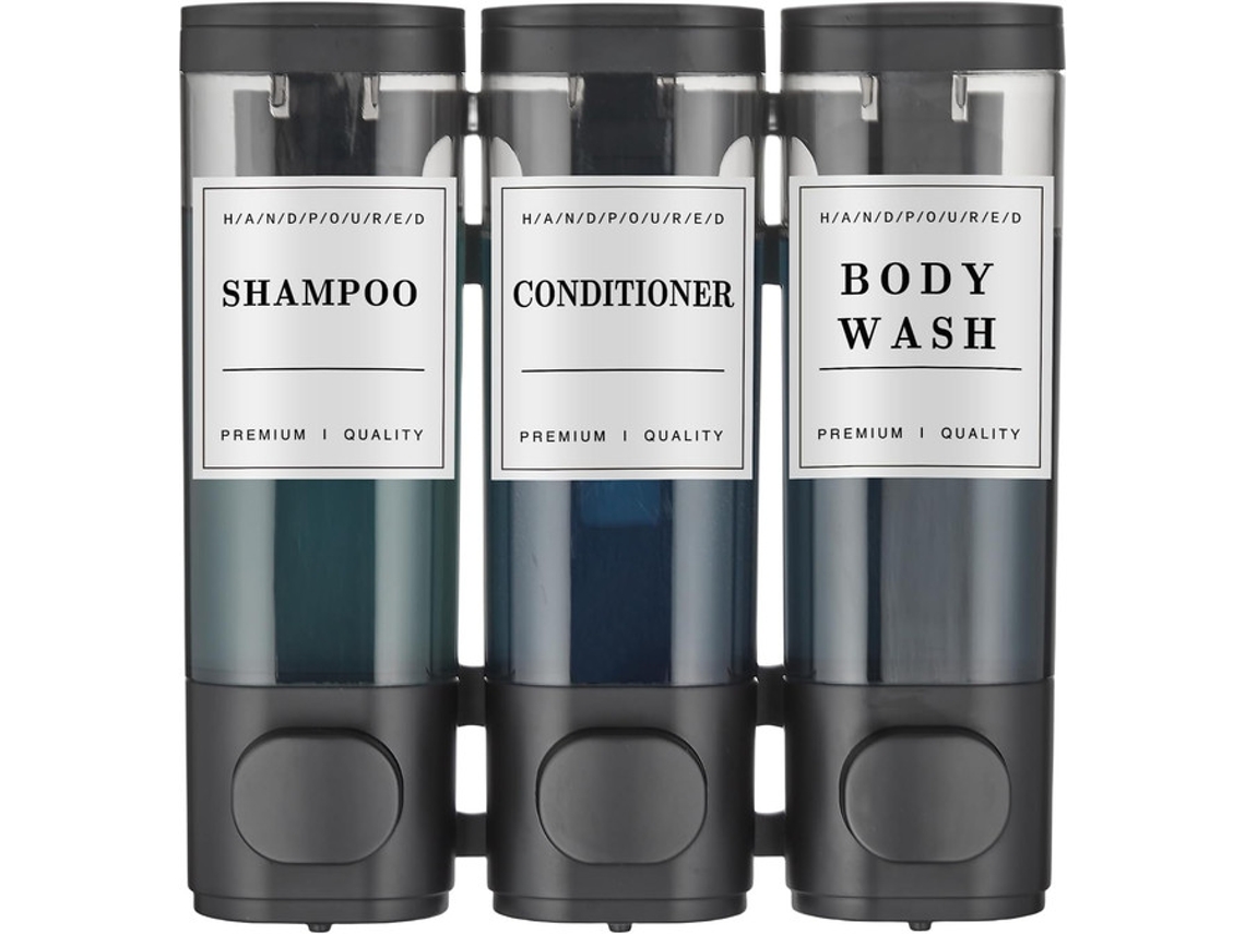 Juego de 3 dispensadores manuales de pared para jabón, champú y gel de ducha, color negro Tommy01