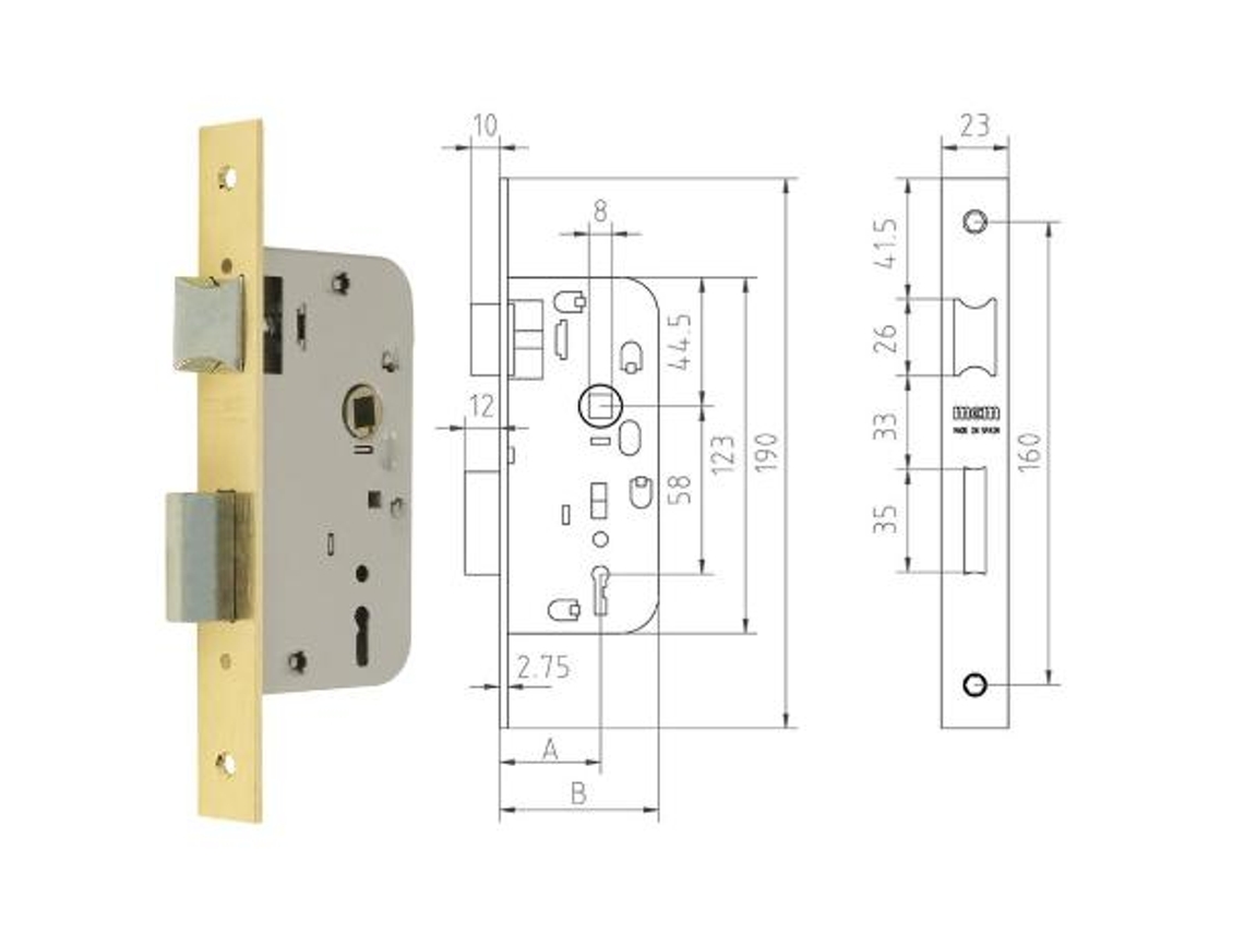 Mcm cerradura embutir madera 1508-2-35 35 canto recto latonado