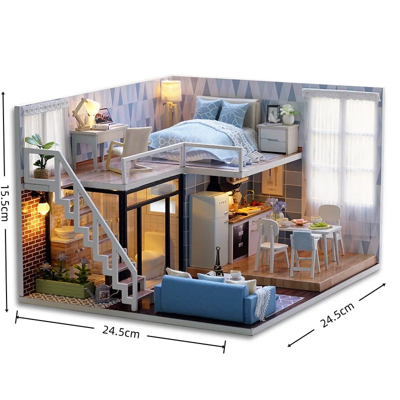 Casa Azul Claro Para Armar: Set De Mini Casa De Rompecabezas De Madera 3d