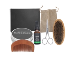 Kit de cuidados para barba 2026 com 6 peças: creme, óleo, escova e lenços para nutrir, amaciar e estilizar sua barba.