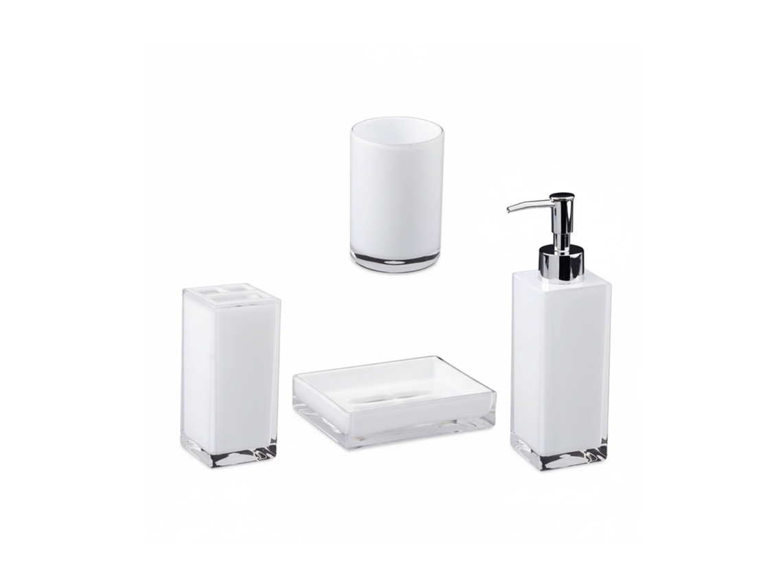 Relaxdays Juego De Accesorios De Baño Moderno, Plástico, Blanco, 4 Piezas