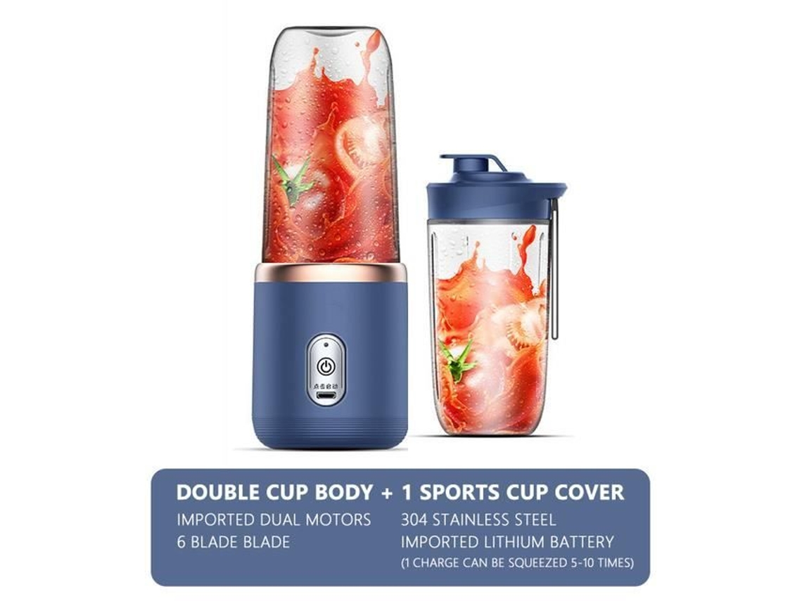 cor 2 xícaras azul espremedor elétrico USB portátil com 6 lâminas, espremedor de frutas cítricas, copo de suco de frutas 