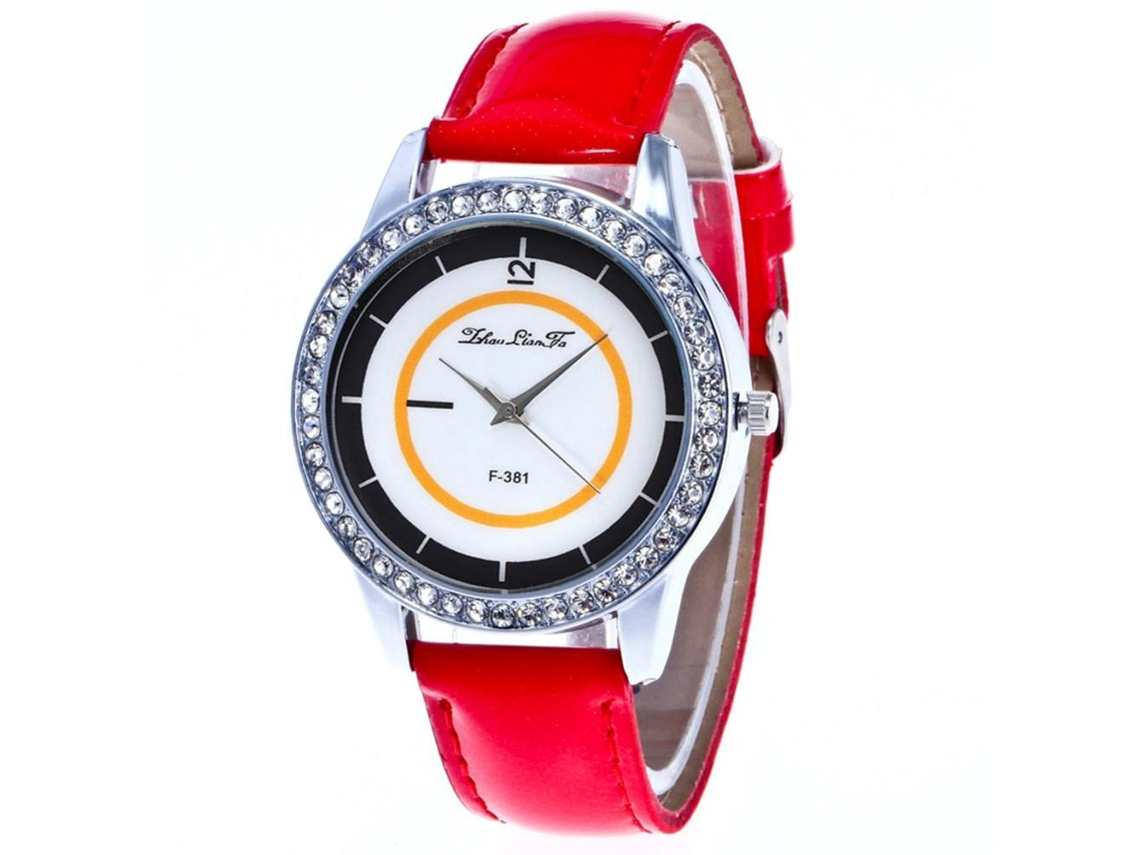 Reloj De Cuarzo Con Piedras Strass Moda Correa De Cuero Rojo Zhoulianfa