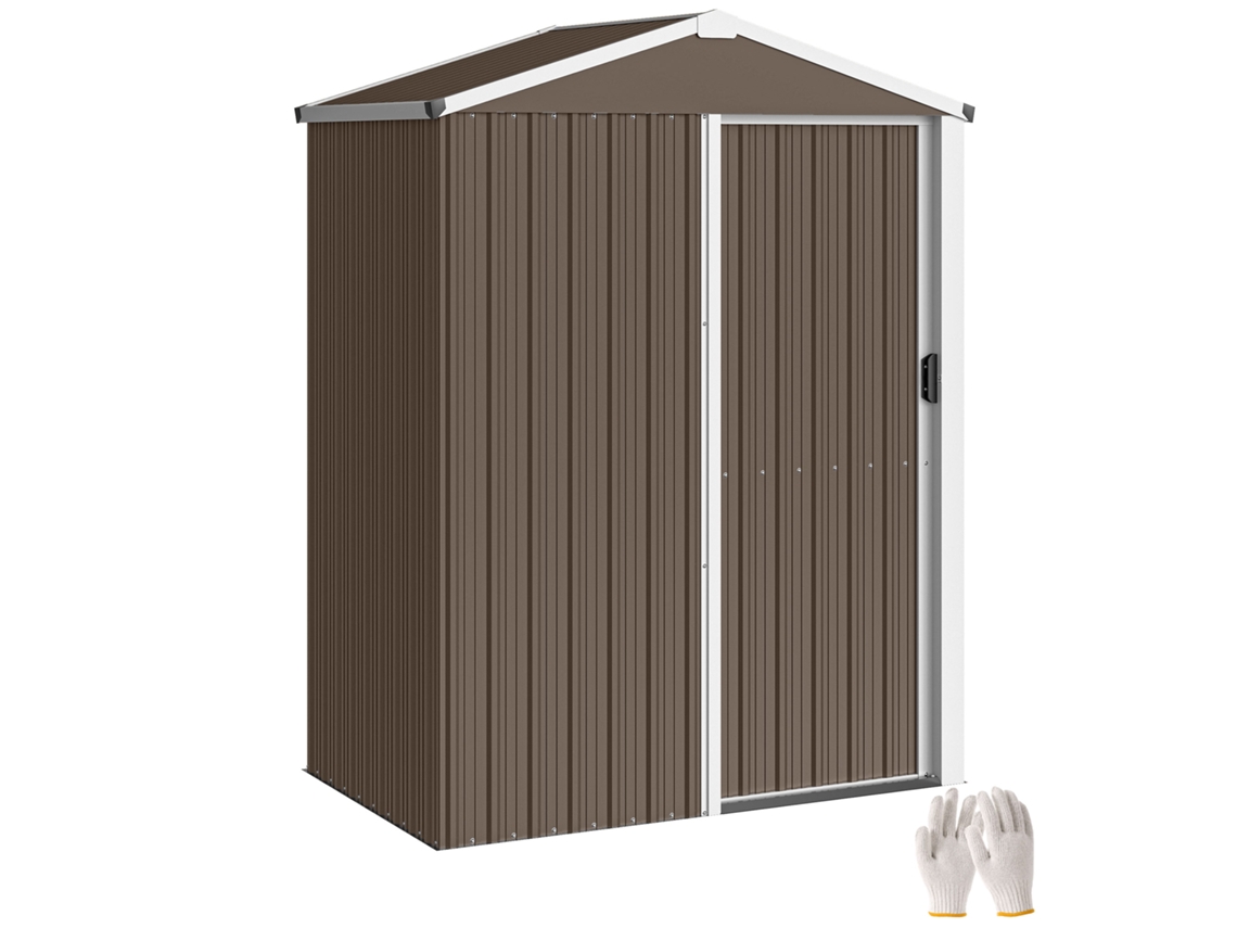 Caseta de jardín metálica de 136x87x179 cm, cobertizo para herramientas con puerta corredera, techo inclinado y guantes, color marrón, PMM CAPITALI