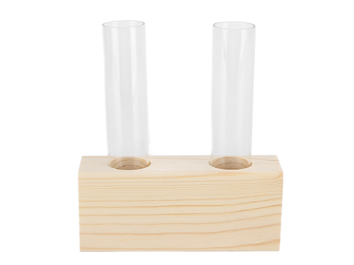 Jarrón sencillo de cristal con borde de madera para plantas hidropónicas.