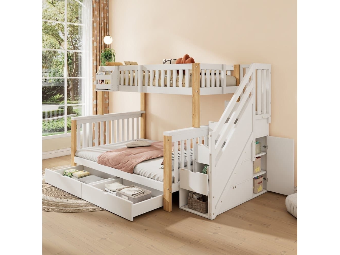 Cama Litera Infantil - Multifuncional Con Cajón, Estantería Y Armario Escalera - Blanco + Natural