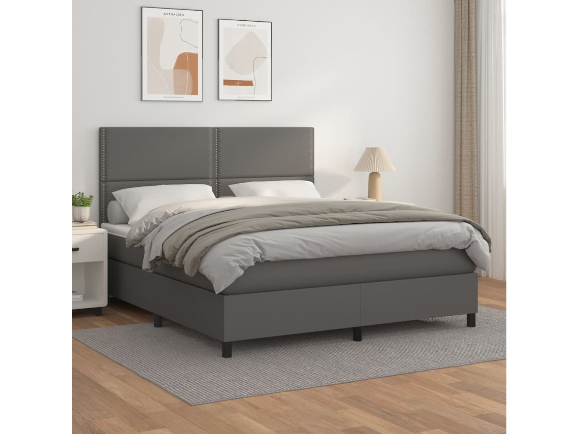 Cama Box Spring Con Colchón Cuero Sintético Gris 180x200 Cm