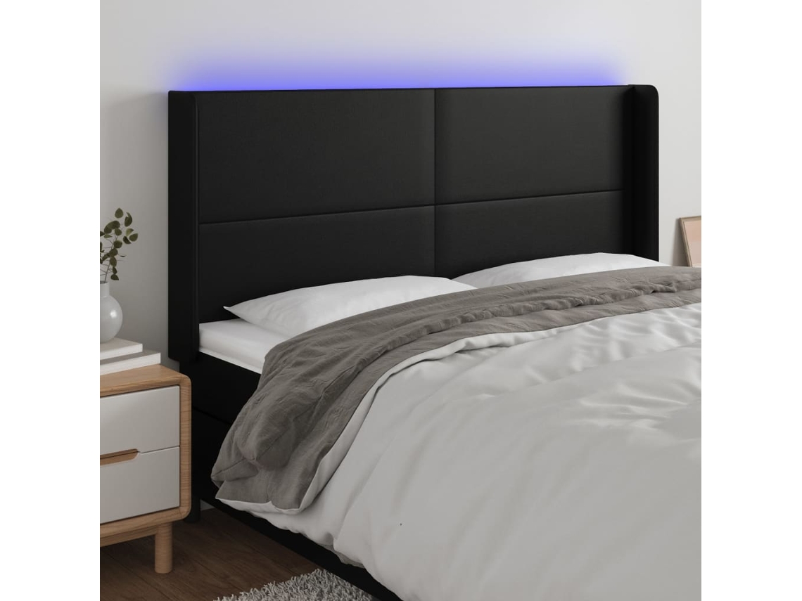 Cabecero De Cama | Panel De Cabecero Con Led Cuero Sintético Negro 163x16x118/128 Cm