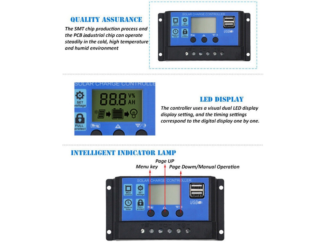 Controlador de carga solar (regulación inteligente, pantalla LCD ajustable)